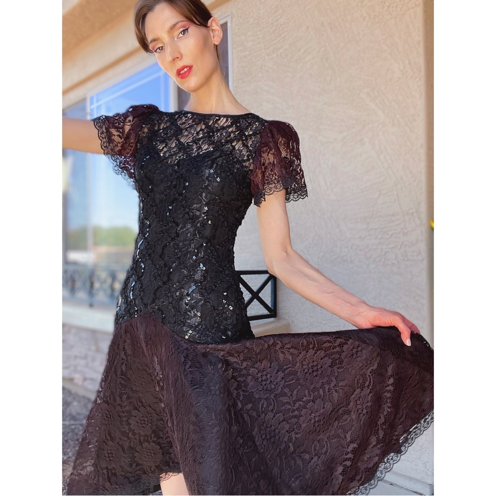 VINTAGE 90s SHUET YOUNG Black & Brown Lace Flutter Sleeve Flounce Midi Dress S - Picture 5 of 10